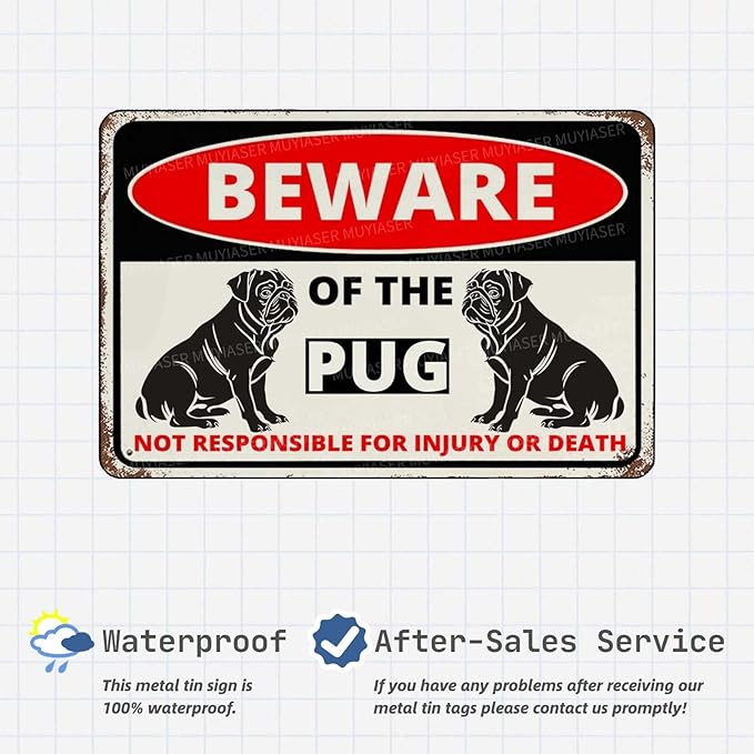 Beware Of The Dog Pug Sign Aluminum Metal Tin Signs Outdoor Yard Sign Warning Sign For Fence Yard Home Kitchen Farm Garden Wall Decor 8x12 Inch