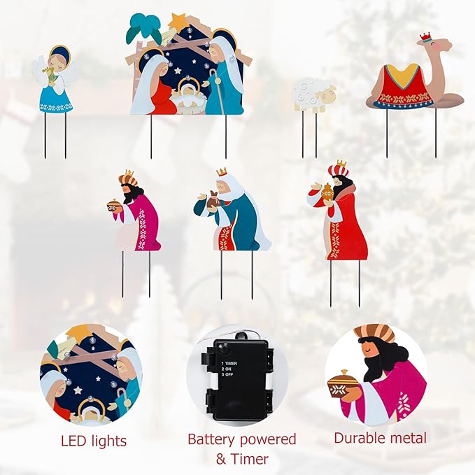Afirst Christmas Yard Stakes Nativity Scene Outdoor Decoration Lighted Holy Nativity Scene Yard Signs 7 Pcs Jesus Birth Manger Sets for Lawn Pathway Outdoor Decoration