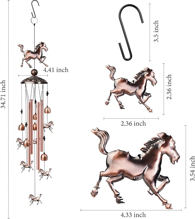 Horse Wind Chimes for Outside, Decorative Wind Chimes with 4 Aluminum Tubes Hanging Bells, Memorial Windchimes Outdoors with S Hook for Patio Garden Decor, Unique Gift for Mom Grandma