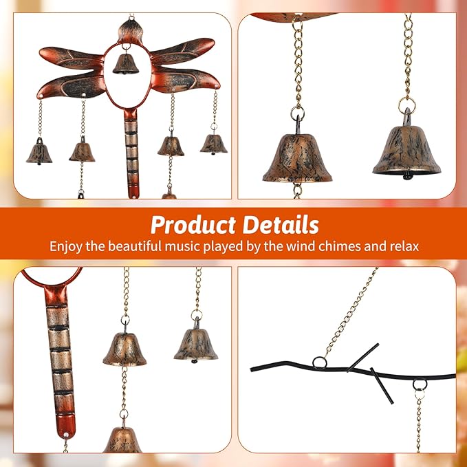 Dragonfly with Bells Wind Chime, Handcrafted Wind Chimes with 8 Bells (Flamed Finish), Outdoor Metal Hook Hanging Decor, Garden Decoration, Gardening Gifts, Decorative Hanging Garden Decor