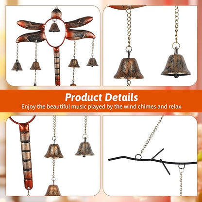 Dragonfly with Bells Wind Chime, Handcrafted Wind Chimes with 8 Bells (Flamed Finish), Outdoor Metal Hook Hanging Decor, Garden Decoration, Gardening Gifts, Decorative Hanging Garden Decor