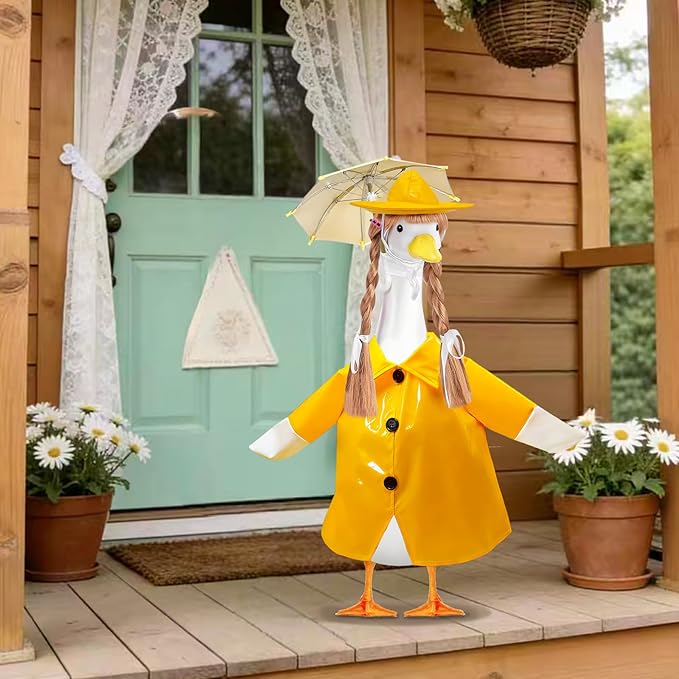 4 Pcs Porch Goose Raincoat with Wigs, Outfits and Clothes, Spring Summer Goose Statue Raincoat Costume, 23" Geese Statue Clothes for Patio Yard Lawn Outdoor Decor (Yellow)