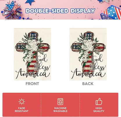 AVOIN colorlife God Bless America Stars and Stripes House Flag 28x40 Inch Double Sided, Memorial Day 4th of July Patriotic Lily Cross Yard Outdoor Decoration