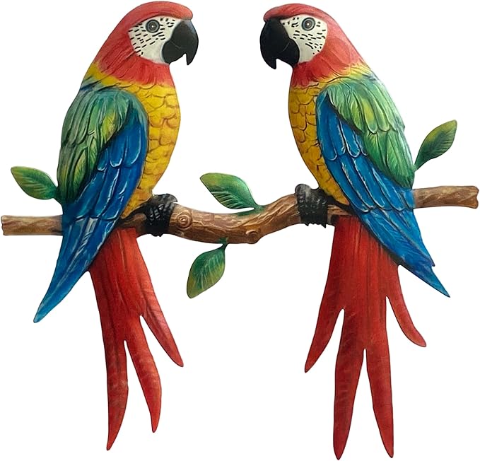Limygus Metal Two Parrot Wall Decor, Bright Color Tropical Bird Outdoor Wall Art Patio Fence Decorations, Hanging Bird Decor for Garden Yard Living Room Bedroom Balcony