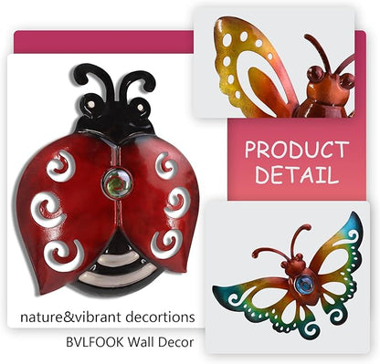 Garden Decor Butterfly Ladybug Bee Metal Wall Art Decor, Wall Decoration Hanging for Home Garden Porch Patio Balcony Ornament for Outdoor Gift, 3 Pack 9 Inch