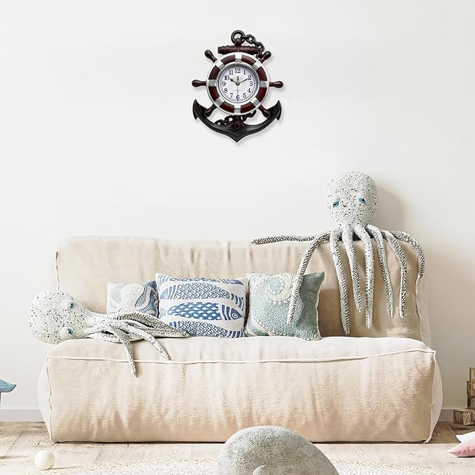 Anchor Outdoor Clock, Nautical Ship Wheel Rudder Wall Clock, Beach Sea Style Decorative Clock for Patio, Pool, Porch (Silver + Dark Red)