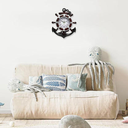Anchor Outdoor Clock, Nautical Ship Wheel Rudder Wall Clock, Beach Sea Style Decorative Clock for Patio, Pool, Porch (Silver + Dark Red)