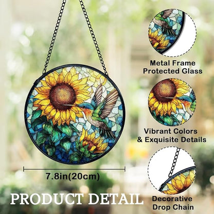 Hummingbird Sunflower Suncatchers Stained Glass Window Hanging, Hummingbird Flower Sun Catchers Indoor Window Glass Round Wall Decor, Bird Sunflower Wall Hanging Decorations, 7.9x7.9in