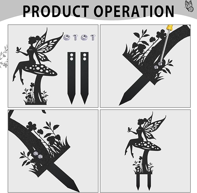 Fairy Garden Decor for Outside - 2 Pcs Metal Yard Stakes Decorative Lawn Patio Pathway Signs Black Silhouette Statue Ornaments Appreciation Housewarming Birthday Gifts for Women Girls Mom