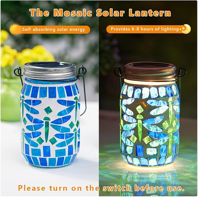 Starsoul 2 Pack Solar Hanging Lanterns Outdoor Waterproof, Mosaic Dragonfly Decor Glass Solar Outdoor Lights, Decorative Solar Lantern for Outside Pathway Patio Porch Yard Decor