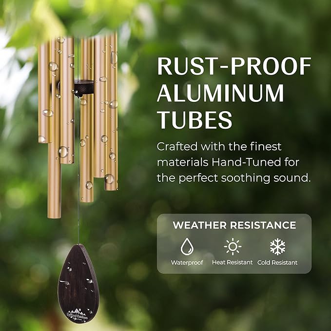 UpBlend XL Wind Chimes for Outside Gift – Deep Tone Wind Chime with Decorative Stone – Porch & Patio Decor, Elegant Outdoor Ornament, Garden Gifts. 38” Gold.