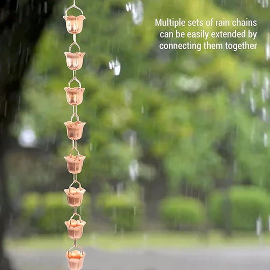 Rain Chain, 3.28ft Adjustable Copper Flower Rain Catcher Functional and Decorative Hanging Gutter Chains for Outside Eaves, Drainage, Replacement Downspout (Morning Glory Shaped)