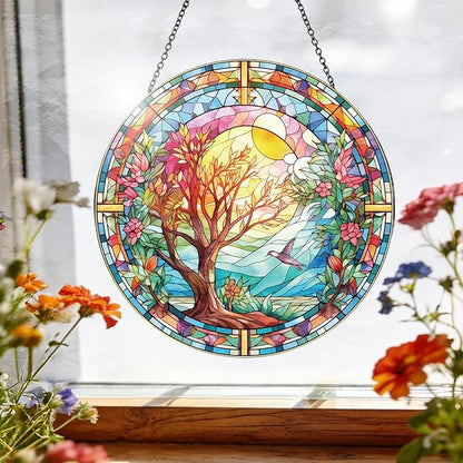 Spring Tree Stained Glass Suncatcher, Colorful Floral Window Hanging, Round Glass Sun Catcher Wall Decor Gift, Watercolor Blooming Wall Glass Ornament 8 Inch