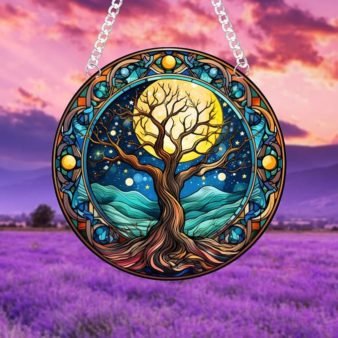 1PC Tree of Life Stained Glass Suncatcher Nature Round Big Trees and Stars Moon Suncatcher Hanging Decoration with Metal Chain-SunCatchers for Window Decor Outdoor Garden Decor Gift