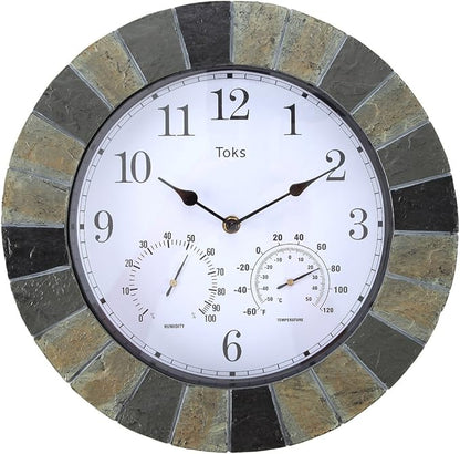 Lily's Home 13 Inch Wall Clock with Thermometer & Hygrometer - Indoor & Outdoor Hanging Clock with Temperature Humidity Gauge, Slate-Look Design for Patio, Garage & Living Room