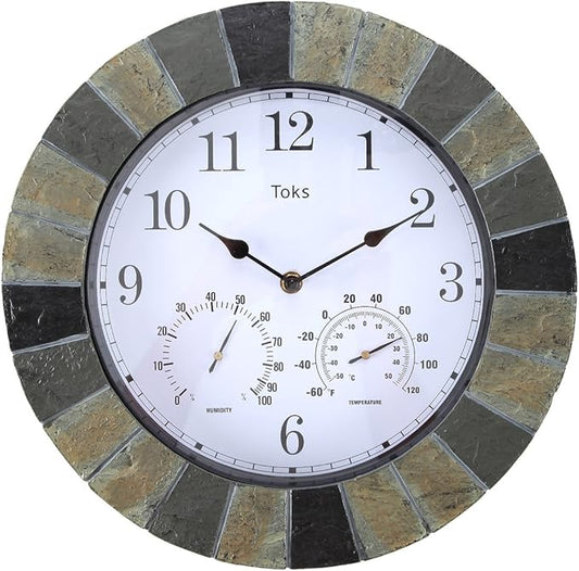 Lily's Home 13 Inch Wall Clock with Thermometer & Hygrometer - Indoor & Outdoor Hanging Clock with Temperature Humidity Gauge, Slate-Look Design for Patio, Garage & Living Room