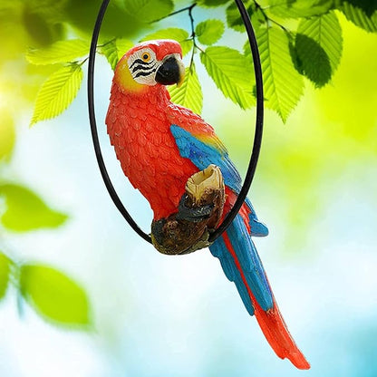 Hanging Parrot Statue Resin Parrot Ornament Metal Round Ring Decoration for Garden Resin Sculpture for Garden Patio Wall Craft Home Outdoor Decoration-01