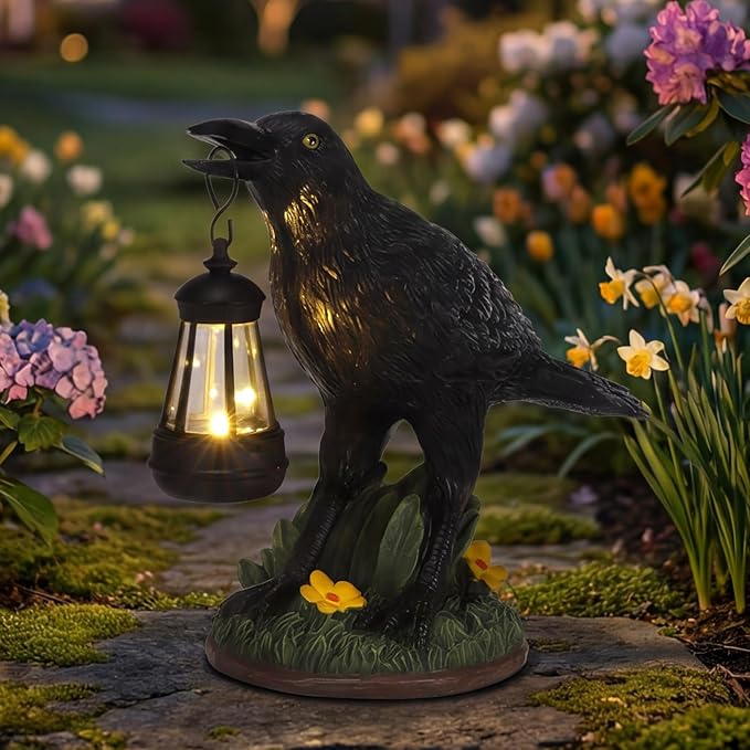 Rempry Solar Garden Crow Statue Decor, Gothic Crow Light for Yard Lawn Patio Outdoor, Unique Birthday Housewarming Halloween Gifts for Mom Family, Friend