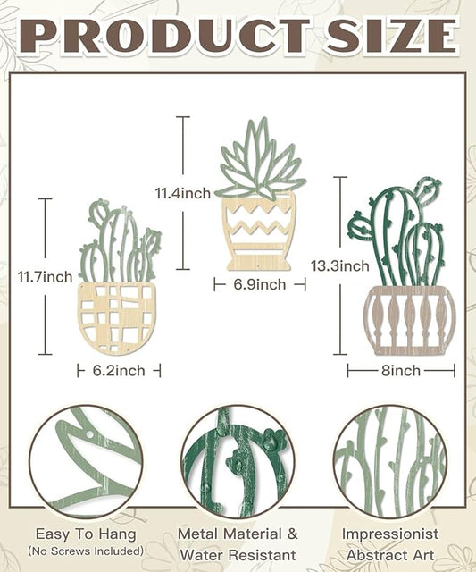 Putuo Decor 3Pcs Western Style Cactus Wall Art, Modern Desert Wall Decor, Rustic Metal Cactus Wall Art for Home, Living Room, Bathroom, Bedroom (Green & Beige)