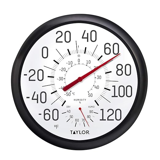 Taylor Wall Thermometer and Humidity Guide, Wireless Thermometer with Easy to Read Large Numbers for Patio, Pool, and Indoor Areas, 13.25-inch, Black