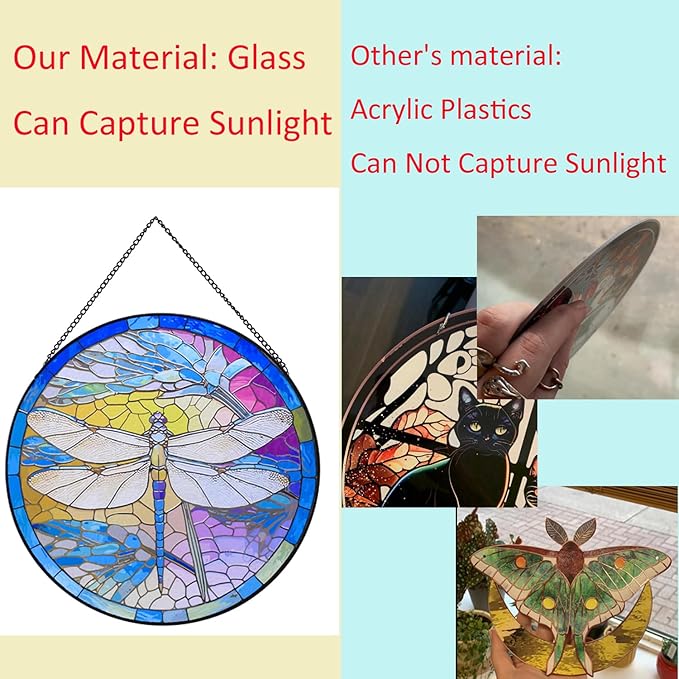 Stained Glass Window Hanging,20cm/7.87inch Dragonfly Hand-Painted Sun Catcher Garden Hangings Christmas Mother's Day, Valentine's Day Ornaments Festival Gift (B Style)