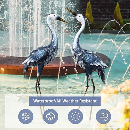 33-35 Inch Blue Heron Garden Statues, Metal Cranes Sculptures Outdoor, Bird Statues Set of 2