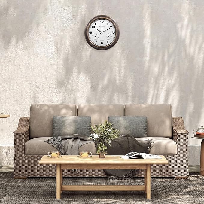Outdoor Clocks Waterproof, 18 in Large Outdoor Clock for Patio w/Thermometer Hygrometer, Silent Battery Operated Decorative Vintage Outdise / Indoor Wall Clock for Living Room/Bathroom/Pool, Bronze