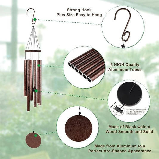 Outdoor Wind Chimes 32" Brown Aluminum Wind Chimes for Garden, Patio Decor - Deep Tones Create Zen Atmosphere, Soothing Relaxation Gift for Mom, Dad, Women, Men, Unisex (Brown)