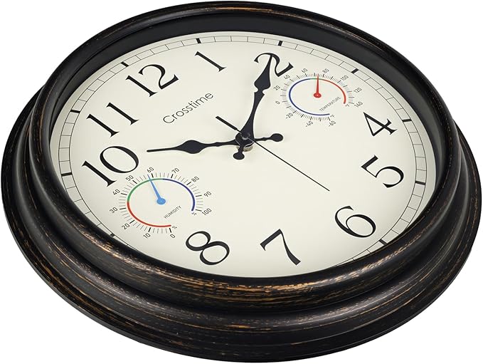 Crosstime 16 Inch Outdoor Clock Waterproof with Thermometer and Hygrometer Combo, Retro Indoor Outdoor Wall Clocks for Patio, Pool, Garden, Backyard Decor- Bronze