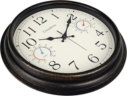 Crosstime 16 Inch Outdoor Clock Waterproof with Thermometer and Hygrometer Combo, Retro Indoor Outdoor Wall Clocks for Patio, Pool, Garden, Backyard Decor- Bronze