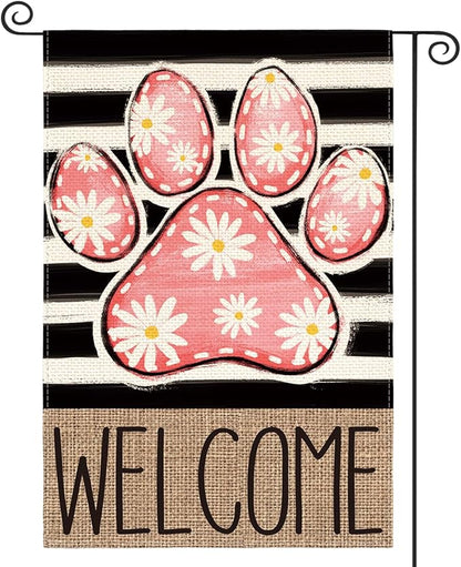 AVOIN colorlife Pink Paw Print Spring Garden Flag 12x18 Inch Double Sided Outside, Daisy Floral Welcome Stripes Yard Outdoor Flag