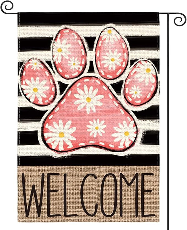 AVOIN colorlife Pink Paw Print Spring Garden Flag 12x18 Inch Double Sided Outside, Daisy Floral Welcome Stripes Yard Outdoor Flag