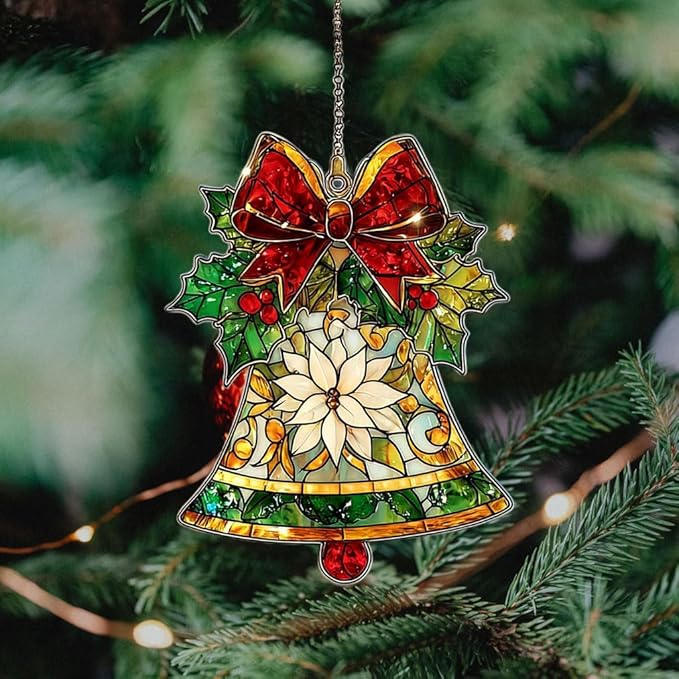 Winter Jingle Bell Scarf Knot Socks Acrylic Suncatcher Stained Glass Effect Window Car Hanging Christmas Ornament Indoor Outdoor Decor Garden Sun Catcher Panel for Women Mom Grandma
