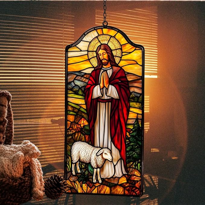 Jesus Acrylic Suncatcher Stained Glass Effect Window Car Hanging Christmas Ornament Indoor Outdoor Decor Garden Memorial Sun Catcher for Family Christmas Jesus Gift for Women Mom Grandma