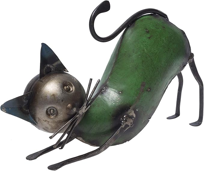 DeKulture Handcrafted Metal Cat Figurine (Pandiculated Inches) - Decorative Statue for Home & Garden (8.2x2x5.5 Inches)
