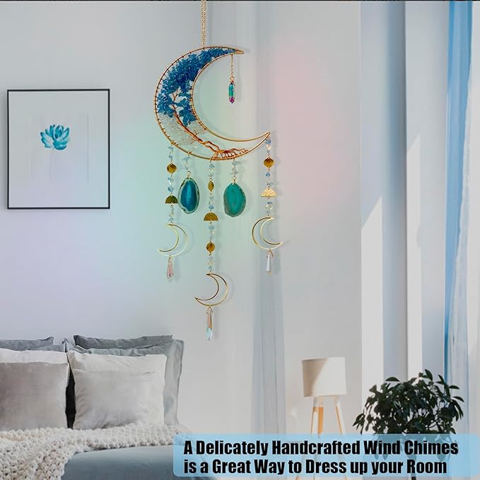 Moon Wind Chimes with Handcrafted Crystal Tree for Home Wall Decor Aesthetic, Dorm Wall Decor, Iridescent Décor, Crystal Sun Catchers, Unique Gift for Women, Teen Girl Gift
