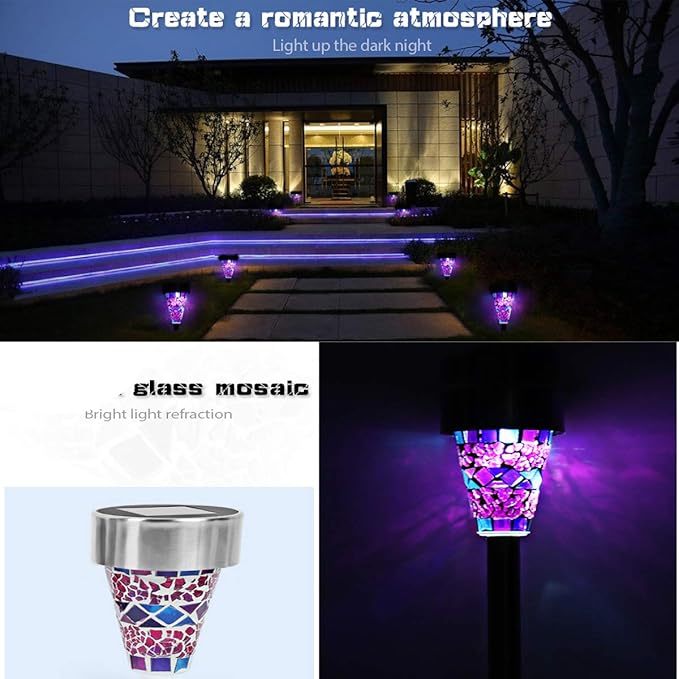 6-Pack Solar Mosaic Border Lawn Garden Lights, LED Mosaic Stake Lights Pathway Landscape Lighting for Patio Walkway Driveway Outdoor Christmas Garden Home Decoration (Purple)