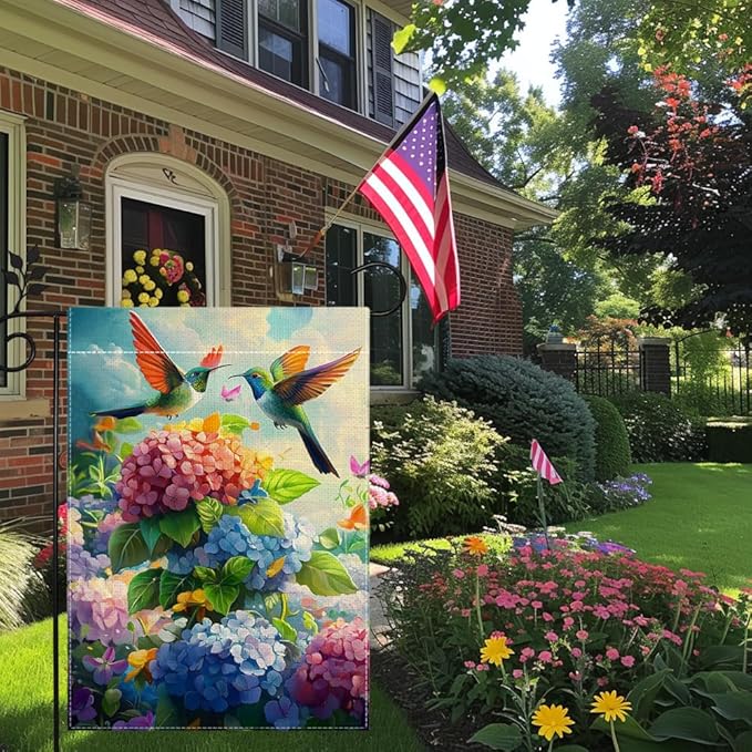 Hummingbirds Hydrangeas Garden Flag 12x18 Inch Double Sided Burlap, Spring Summer Welcome Colorful Floral Yard Decor, Farmhouse Outdoor Flag