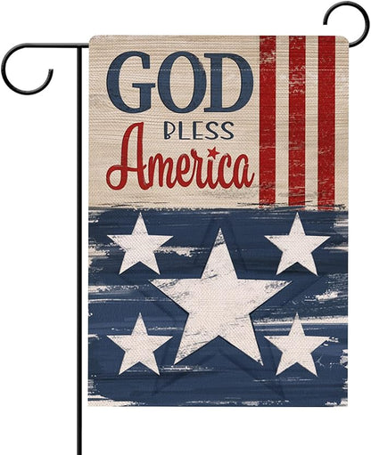 Hzppyz God Bless America 4th of July Patriotic Garden Flag Double Sided, USA Memorial Day Stars Stripes Vintage Decorative Yard Outdoor Home Small Decor, American Outside House Decoration 12 x 18