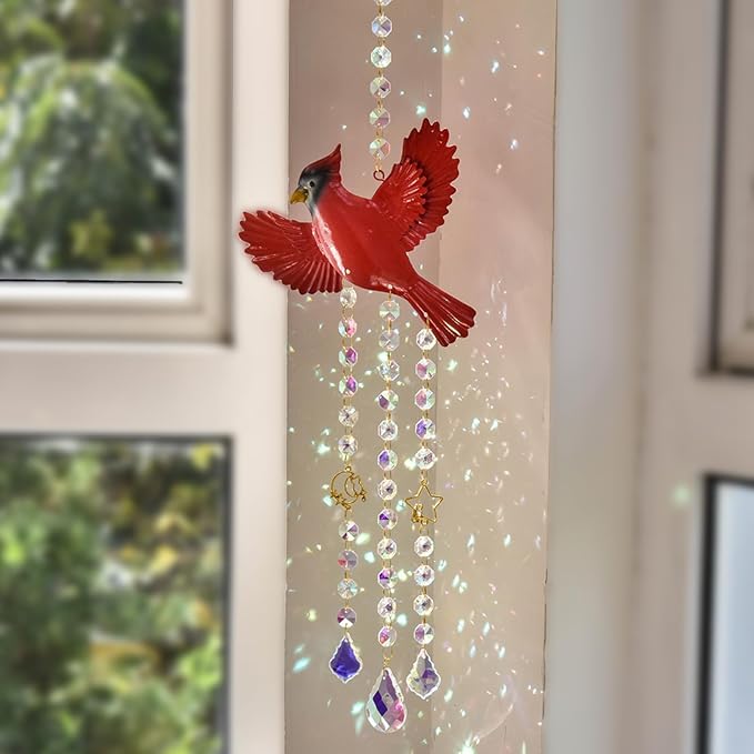 Red Cardinaluncatcher-Cardinal Gifts for Women, Window Hanging Ornament with Rainbow Prism, Memorial Gift for Women, Handmade Bird Decor for Home Garden, Christmas Valentine Gift for mom(Red B)