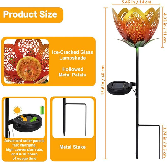 Outdoor Solar Tulip Light, Crackle Globe Glass Metal Flower Decorations Lights for Lawn Ornaments, LED Lotus Hollow Petal Stake Light for Patio Yard Lawn Walkway Ground (Tulip - 2pcs)