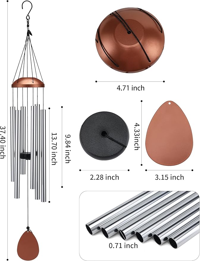 Large Alu Wind Chimes 37 Inch Zen Atmosohere A Gift for Mon Neighbor Suit for Garden Outdor Yoga Patio Decoration Unisex Silver