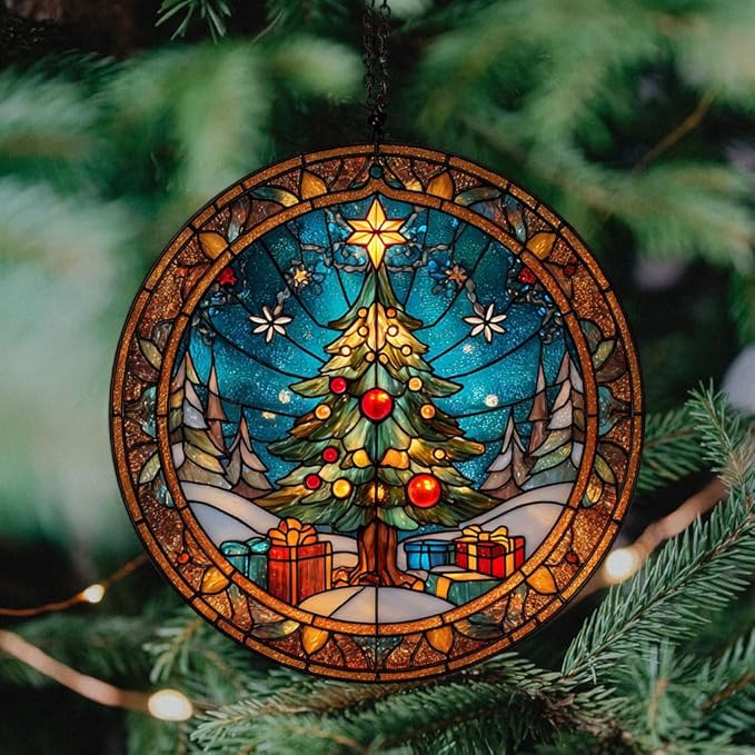 Christmas Tree Presents Acrylic Suncatcher Stained Glass Effect Window Car Hanging Christmas Ornament Indoor Outdoor Decor Garden Sun Catcher Panel for Women Mom Grandma