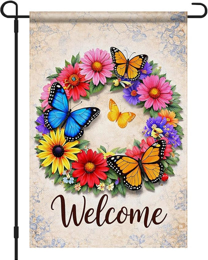 IVN Butterfly Garden Flag 12x18 Inch – Welcome Floral Wreath Outdoor Flag, Double Sided Burlap Spring Summer Yard Flag for Porch Lawn Patio Decor