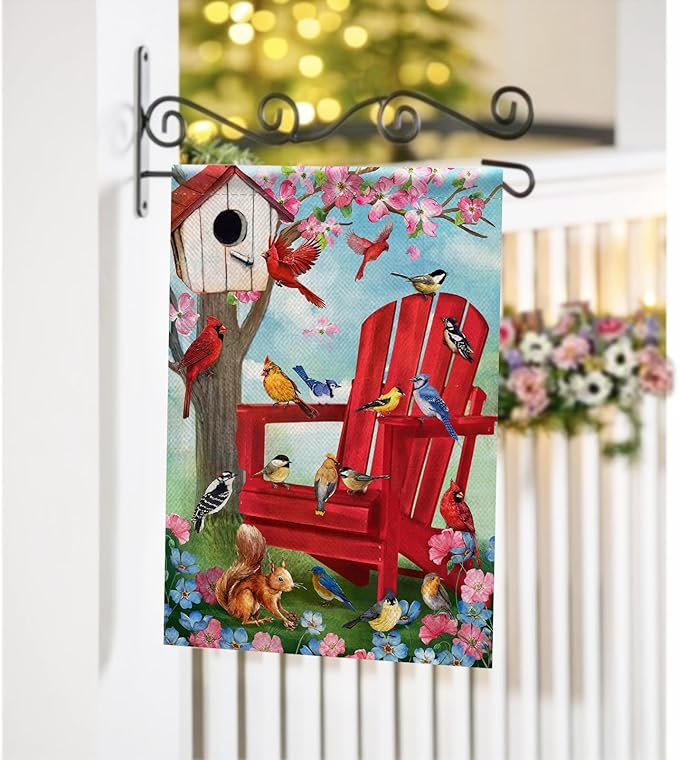 Spring Red Chair Birds Decorative Garden Flag, Cardinal Blue Jay Chickadee Squirrel Birdhouse Flowers Yard Outside Decorations, Summer Farmhouse Outdoor Small Home Decor Double Sided 12 x 18