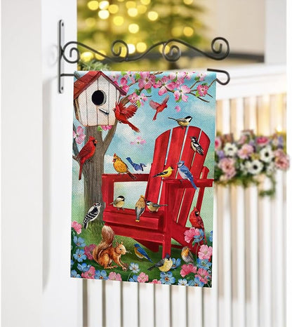 Spring Red Chair Birds Decorative Garden Flag, Cardinal Blue Jay Chickadee Squirrel Birdhouse Flowers Yard Outside Decorations, Summer Farmhouse Outdoor Small Home Decor Double Sided 12 x 18