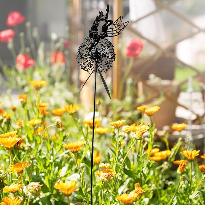 Flower Fairy Dancing with Dandelion Garden Sculpture,Angel Metal Ornaments Stainless Steel Statue Decorations,Wonderland Outdoor Yard Lawn Patio Stakes Sculptures Decor (E)
