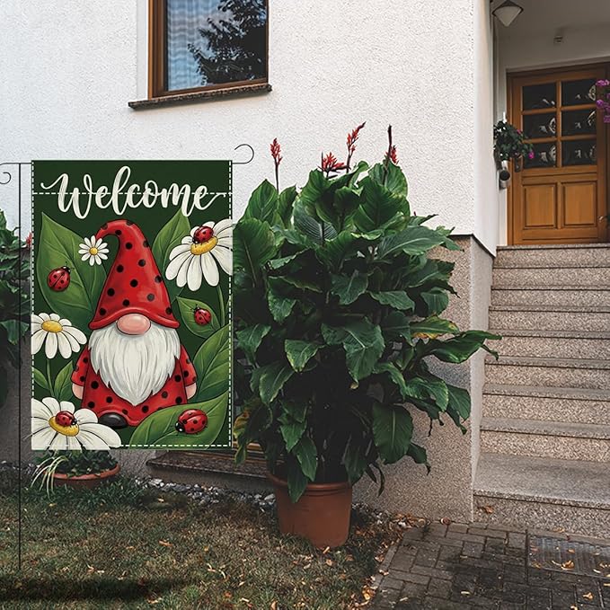 Welocome Spring Summer Seven Spotted Ladybug Gnome Garden Flag Daisy Flowers Spring Garden Flag Decor Summer Double Sided House Flag for Outside Yard Decorations 12×18 Inch