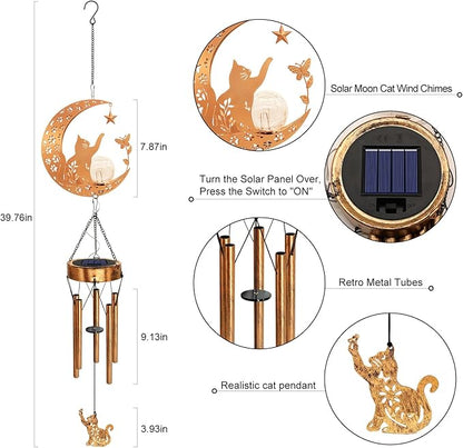 Solar Moon Cat Wind Chimes, Cat Lover Gifts for Mom Women Men Birthday Mothers Day, Hanging Outdoor Decor Cracked Glass Ball Memorial Large Wind Chimes, Decorations for Garden Yard Patio Porch