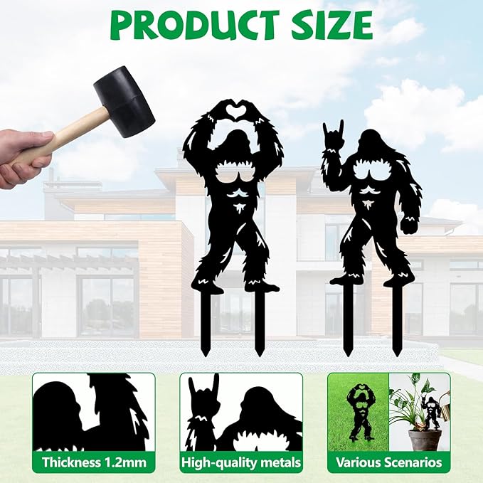 GLOBLELAND 2pcs Savage Mental Garden Stakes Black Silhouette Sasquatch Decorative Yard Stakes Trees Metal Outdoor Art Decor for Yard Patio Lawn Walkway Ornament